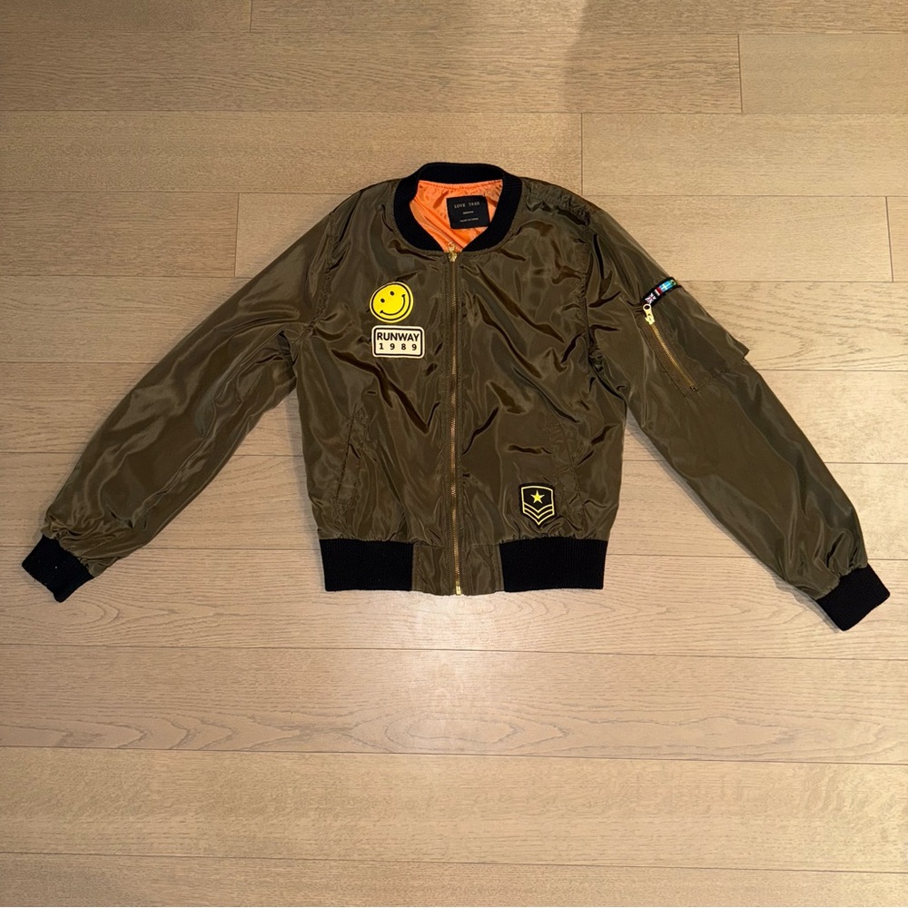 Love Tree Poly Satin Patch Bomber Jacket